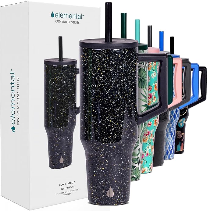 Elemental 40 oz Tumbler with Handle and Straw - Spill Proof Insulated Stainless Steel Commuter for Cold Beverages - Travel Coffee Mug with 2 Straws & Spill Proof Lid - 40oz - Black Speckle