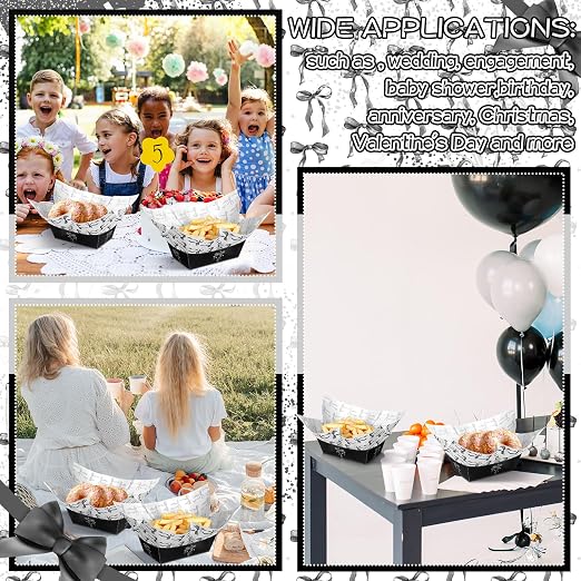 Geosar 100 Pcs Coquette Bow Paper Food Trays Bulk Bow Party Supplies Birthday Decor Disposable Food Boat Trays with Wax Paper Sheet Wrapping for Wedding Bridal Party Supplies(Black)