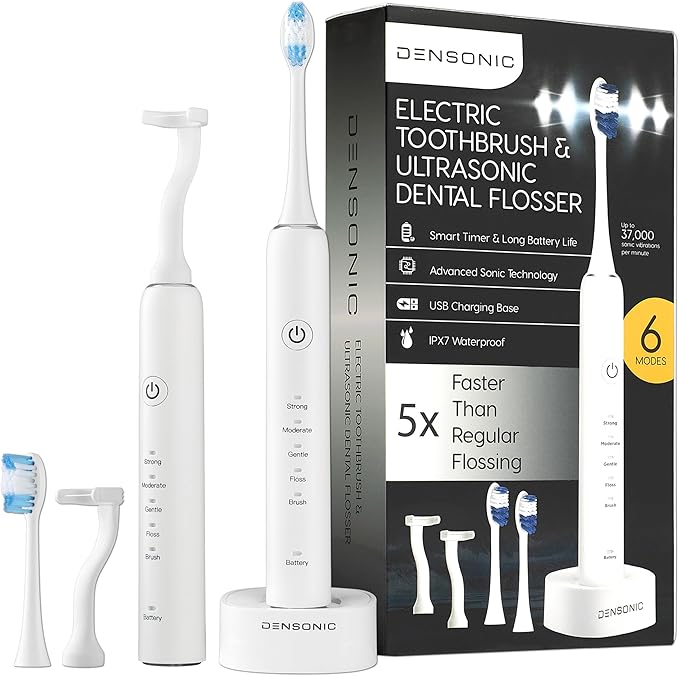 Electric Toothbrush and Flosser Combo | 2-in-1 Sonic Cleaning & No-Mess Mechanical Floss | 5X Faster Deep Clean | 6 Modes | 2 Toothbrush Heads + 50 Replacement Floss Heads [White]