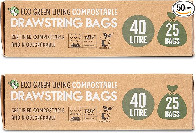 Eco Green Living 40L Compostable Biodegradable Food Waste Bin Bags, Thick, Strong & Leakproof. Caddy Liners 100% Plant-Based, Plastic-Free, Drawstring Bin Liners, Fits 30–40L Bins, 50 Bags