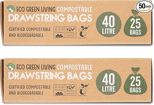 Eco Green Living 40L Compostable Biodegradable Food Waste Bin Bags, Thick, Strong & Leakproof. Caddy Liners 100% Plant-Based, Plastic-Free, Drawstring Bin Liners, Fits 30–40L Bins, 50 Bags