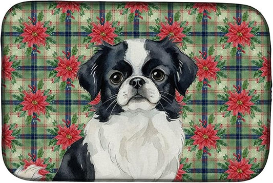Caroline's Treasures Black and White Japanese Chin Christmas PoinsettIas Dish Drying Mat Absorbent Dish Drying Mat Pad for Kitchen Counter Dish Drainer Mat for Countertop, 14 x 21", Multicolor