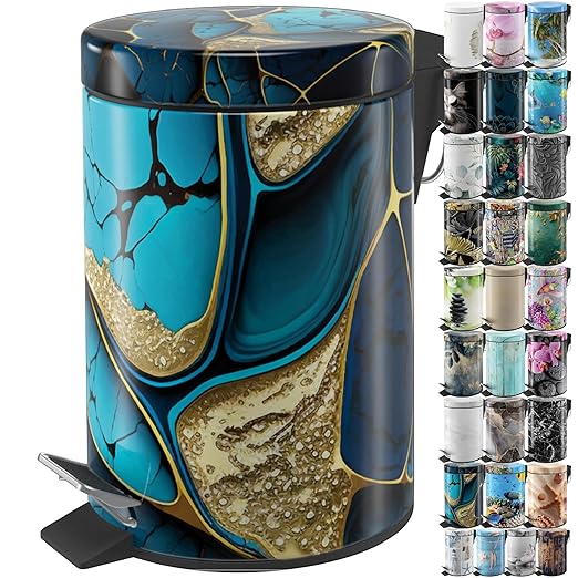 Sanilo Small Bathroom Trash Can with Lid [1.3 Gallon] - Lidded Tiny Trashcan for Garbage - Mini Metal Bin with Soft Closing Mechanism - Bath Room Accessoire Wastebin with Inner Bucket (Marble Cobalt)