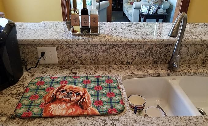 Caroline's Treasures Red Pekingese Christmas PoinsettIas Dish Drying Mat Absorbent Dish Drying Mat Pad for Kitchen Counter Dish Drainer Mat for Countertop, 14 x 21", Multicolor