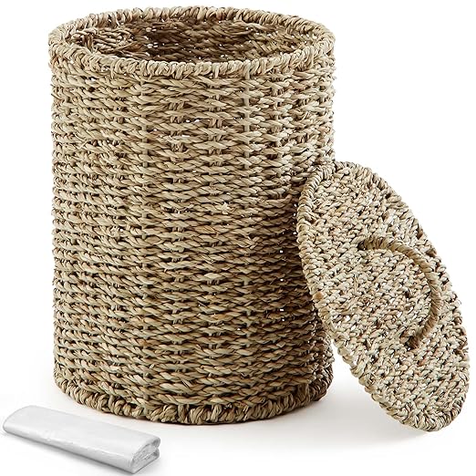 Ctosree 1.3 Gallons Small Trash Can with Lid Handle Boho Woven Braided Bathroom Waste Basket Trash Can with 100 Garbage Bags for Bedroom Office Laundry(Primary Color,Braided Straw Rope,Round)