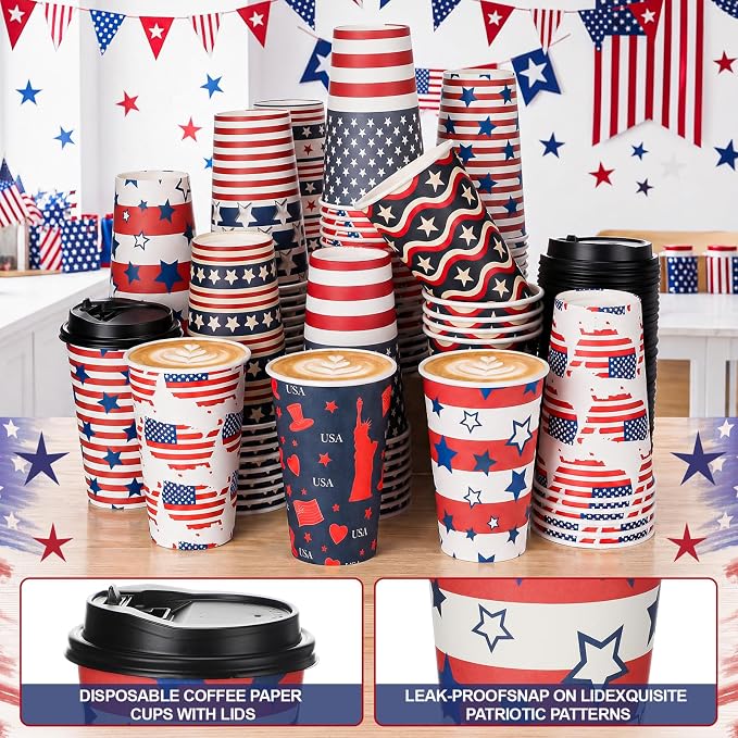 FoldTier 100 Pcs 4th of July Patriotic Disposable Coffee Cups with Lids 12 oz Red White Blue Paper Cups Independence Day Disposable Party Drinkware for Hot Cold Beverages(July 4th)