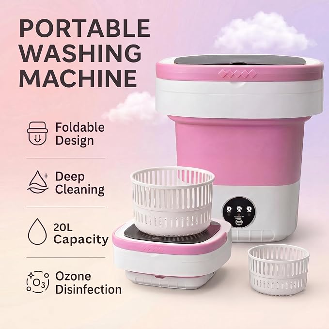 Mini Portable Washing Machine, Foldable 21L/5 Gallon Collapsible Washer, Quiet Compact Laundry Bucket for Dorm, Apartment, RV, Camping, and Travel, Light Pink