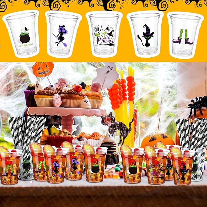 Bokon 100 Sets 12 oz Halloween Cups Witch Theme Clear Plastic Disposable Cups with Lids and Paper Straws Halloween Party Supplies for Party Coffee Beer Beverage Ice Cream Snack Candy