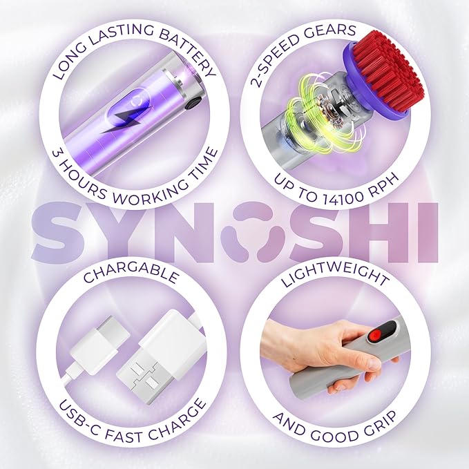 Synoshi PRO Electric Spin Scrubber with Long Handle & Cone Brush Heads – Cordless Shower Scrubber, Bathroom Cleaning Brush, Adjustable Angles, 2 Speeds Power Scrubber for Tub, Floor & Tile
