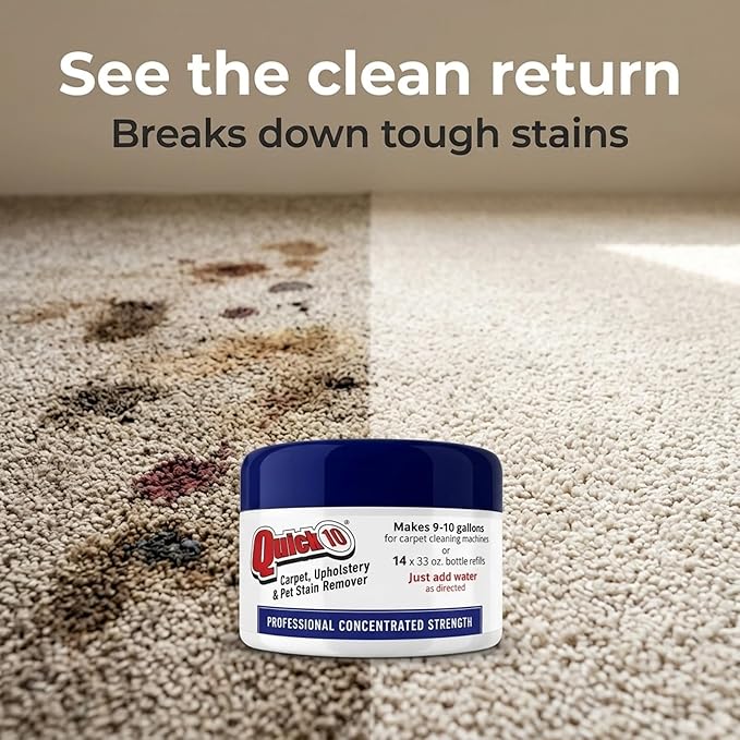 Quick 10 Carpet & Upholstery Cleaner Concentrate Refill Jar - Professional Strength Stain Remover for Pet Odors, Coffee, Wine, Food & Blood – Safe for Fabric, Leather, Walls & Vinyl