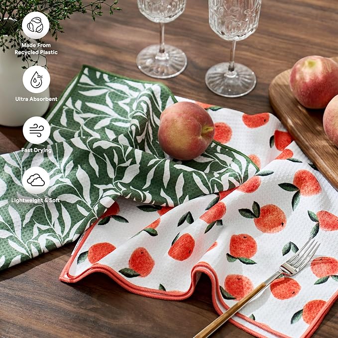 RECYCO Swedish Dishcloths 5 Pack 8" x 7" & Waffle Kitchen Towel Set of 2 16" x 28", Peachy Leaves,