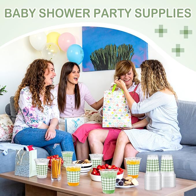 Qinyoung Checkered Plastic Cups 12oz Gingham Party Disposable Cups Bulk Drinking Cup for Cold Drinks Baby Shower Wedding Summer Birthday Party Supplies(Sage Green and White,50 Pcs)