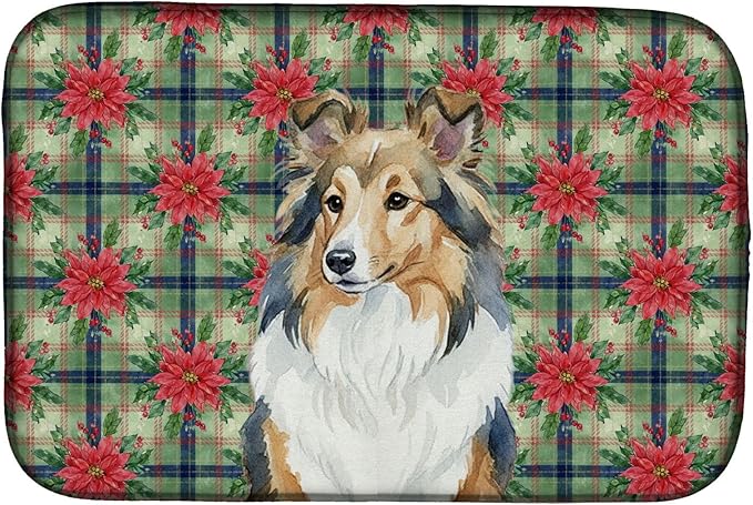 Caroline's Treasures Sable Sheltie Christmas PoinsettIas Dish Drying Mat Absorbent Dish Drying Mat Pad for Kitchen Counter Dish Drainer Mat for Countertop, 14 x 21", Multicolor