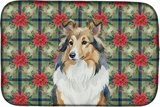 Caroline's Treasures Sable Sheltie Christmas PoinsettIas Dish Drying Mat Absorbent Dish Drying Mat Pad for Kitchen Counter Dish Drainer Mat for Countertop, 14 x 21", Multicolor