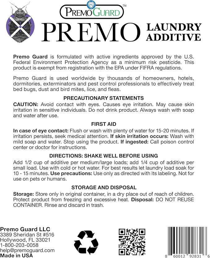 Premo Guard Bed Bug, Mite & Lice Laundry Detergent Additive 64 oz – Child & Pet Friendly – Stain & Odor Free – Best Natural Non-Toxin Treatment