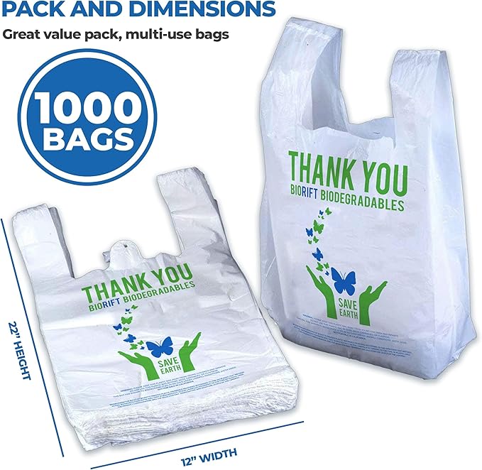 BioRift Thank You Bags | 1000 Count Bulk Large T-Shirt Grocery Bags w/Handles, Extra Thick & Durable Shopping Bags for Grocery, Restaurants, Retail Stores & Takeout | 12" x 6.5" x 22" | Made in USA