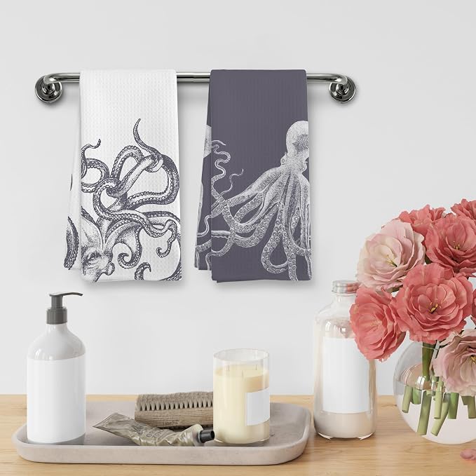 Coastal Grey Octopus Beach Decor Dish Hand Tea Towels for Bathroom Kitchen, Girly Octopus Ocean Nautical Beachy Bathroom Decor, Coastal Kitchen Towels and Dishcloths Sets of 2, 16x24 Inch