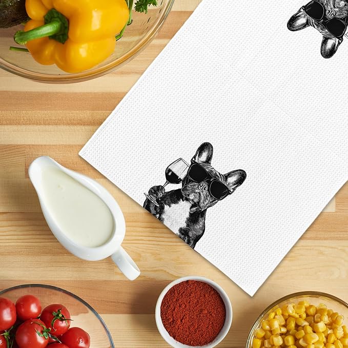 Funny French Bulldog Wine Kitchen Towels, Gifts for Dog Wine Lovers, Bar Accessories Dish Tea Towels for Kitchen, Dog Owners Housewarming Gift Decorative Hand Towel 16x24 Inch
