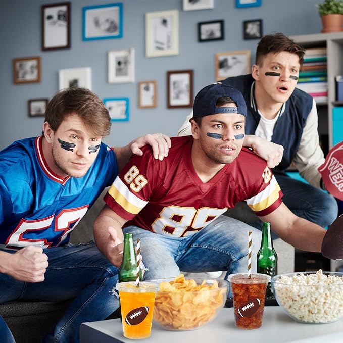 Whaline 50Pcs Football Disposable Plastic Cups with Lids and Straws 12oz Sports Themed Party Cups Cold Beverage Drinking Cups for Sports Team Player Game Day Birthday Party Supplies