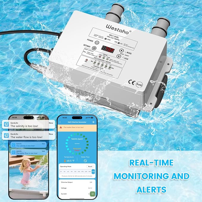 WiFi Salt Chlorine Generator, Westaho Salt Water Pool Chlorinator System with APP Remote Control, USA Titanium Salt Cell, Compatible with Intex Pool, for Above Ground Pools Up to 15,000 Gallons