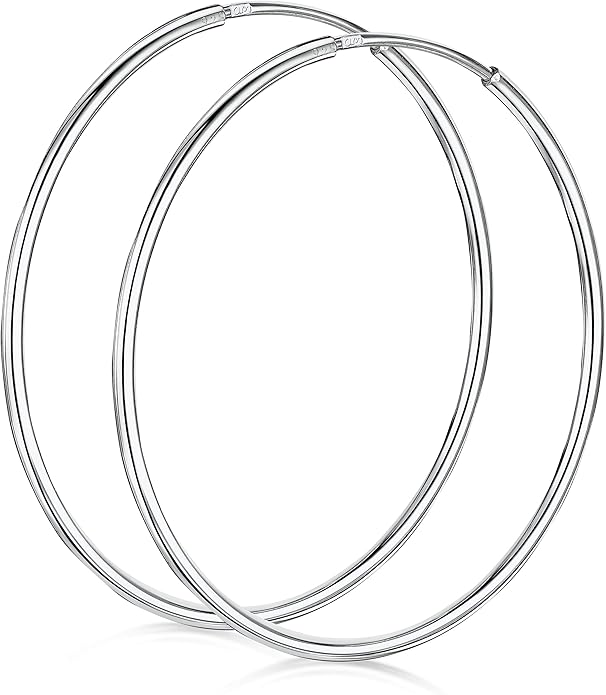 Amberta® 925 Sterling Silver Fine Circle Endless Hoops - Polished Round Sleeper Earrings Diameter Size: 20 30 40 60 75 mm