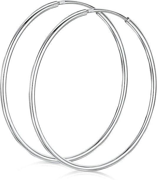 Amberta® 925 Sterling Silver Fine Circle Endless Hoops - Polished Round Sleeper Earrings Diameter Size: 20 30 40 60 75 mm