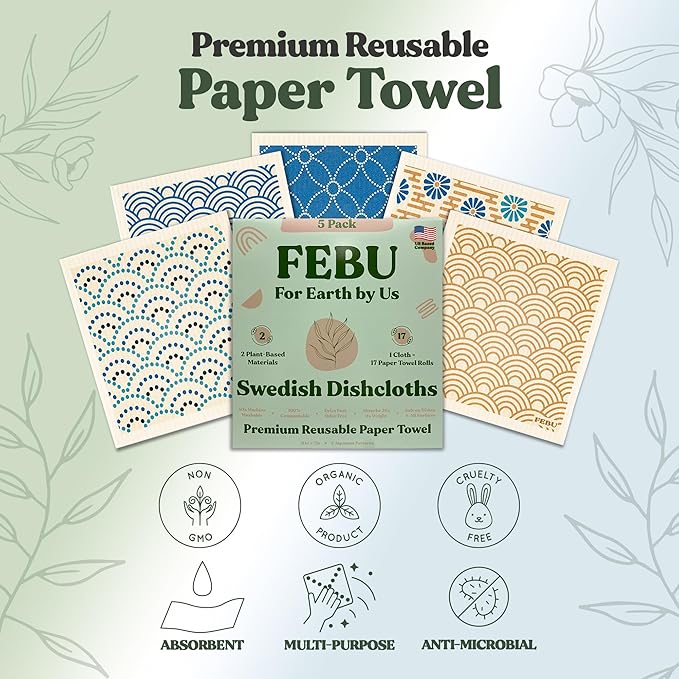 FEBU Swedish Dishcloth Bundle | Set of 3 Packs | Swedish Dishcloths for Kitchen | 5 Pack Reusable Paper Towels Washable