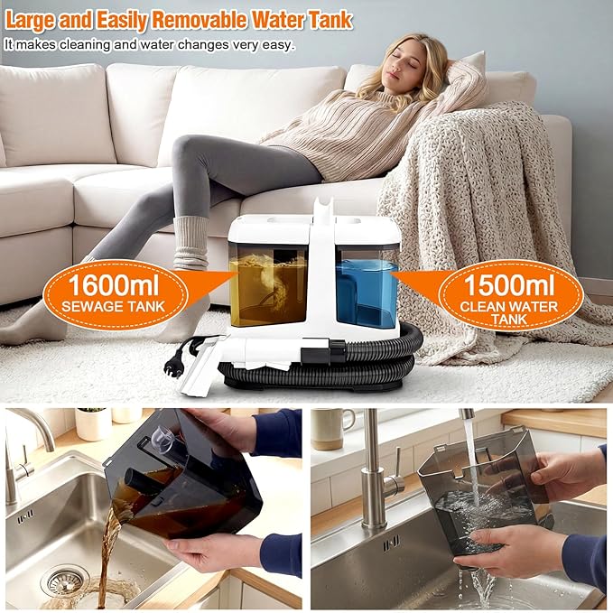 Foandbevi Portable Carpet & Upholstery Cleaner Machine, 800W Brushless Motor 16KPa Powerful Suction Self-Cleaning with 3 Brush Heads, Deep Cleaning Spot Shampooer for Pet, Sofa, Couch, Car & Area Rugs