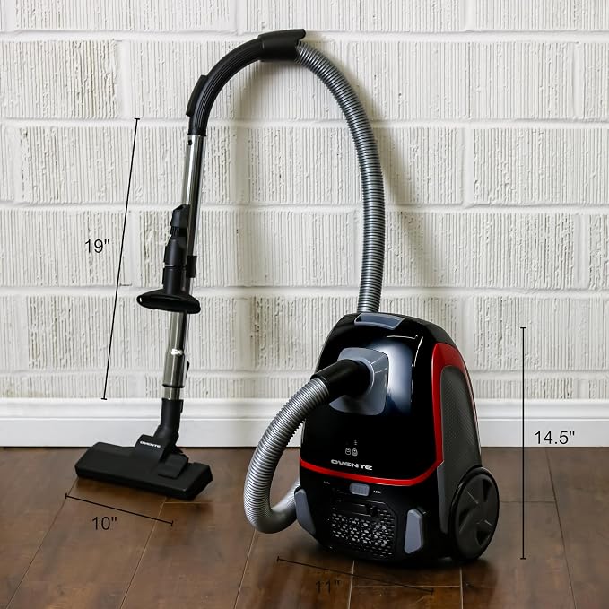 OVENTE Canister Upright Vacuum Cleaner with 1400W Powerful Suction, Telescoping Wand and Automatic Cord Rewind, Lightweight Cleaning Machine for Hard Floors and Carpets, Black ST1600B