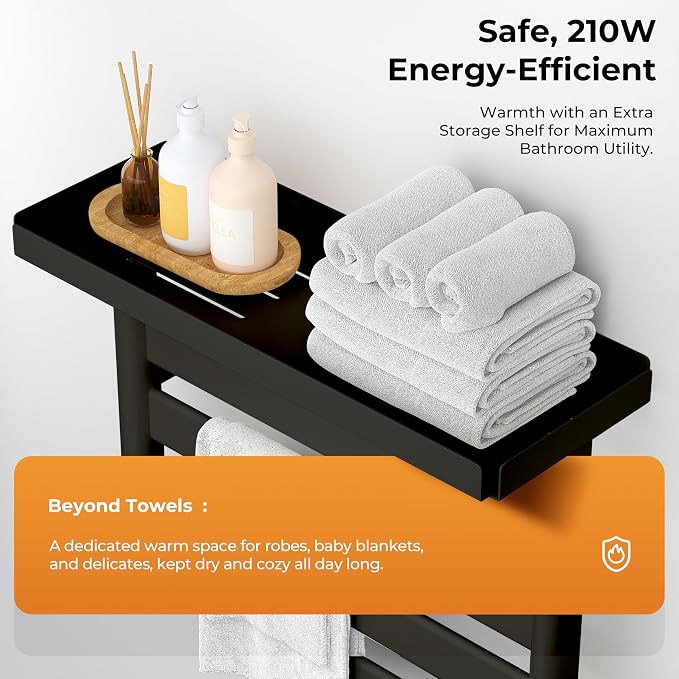 Electric Heated Towel Rack with Removable Top Shelf, Wall Mounted Bathroom Towel Warmer & Drying Rack, 158°F Fast Heating with Touch Screen Timer, Home Spa Towel Holder, Matte Black / Cream White