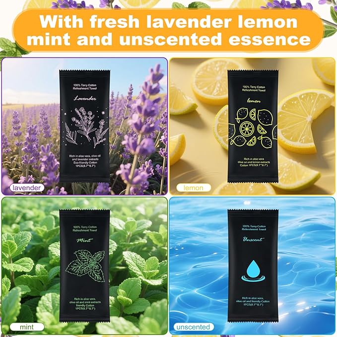 Moist Cotton Towel Bulk Moist Towelettes Individually Wrapped 8.7" x 8.7",White Towel Services,Refreshment Pre Moistened Towels Lavender Lemon,Mint and Unscented for Sport Party Spa (pack of 400)