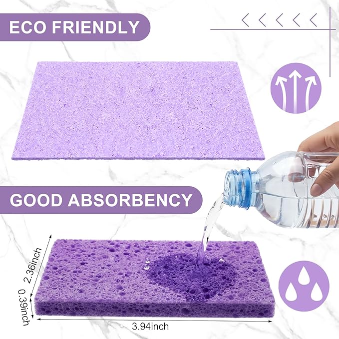 Zhengmy 100 Pieces Sponges Bulk Sponges Kitchen Compressed Sponge Natural Dish Sponge Compressed Wood Pulp Cleaning Without Scratching for Kitchen Bathroom, 3.9 x 2.4 x 0.12 Inch (Purple)