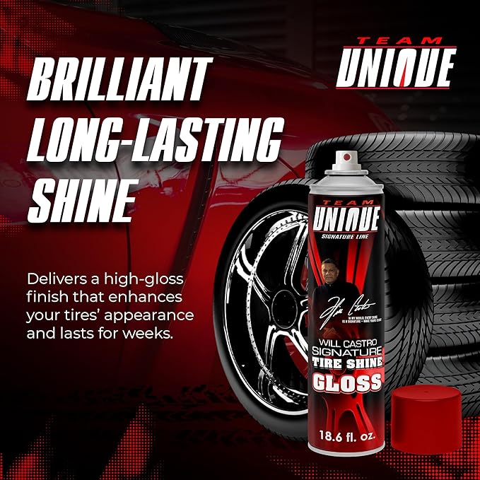 TEAM UNIQUE Tire Shine Gloss – 18.6 fl oz (Pack of 12) | High-Gloss Tire Shine Spray | UV Protection Against Cracking & Fading | Non-Greasy, Low-Sling Formula for Cars, Trucks & SUVs