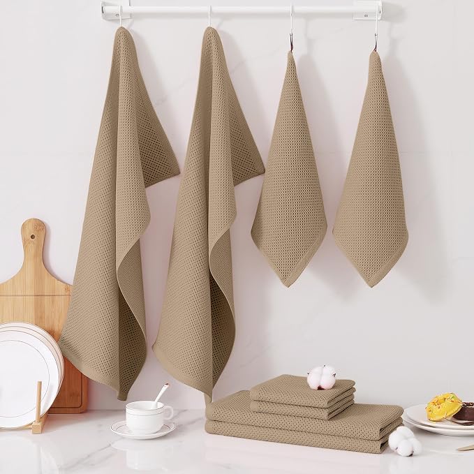 Homaxy 100% Cotton Kitchen Towels and Dishcloths Set, 12 x 12 Inches and 13 x 28 Inches, Set of 10 Bulk Kitchen Towels Set, Ultra Soft Absorbent Dish Cloths for Washing Dishes, Tan