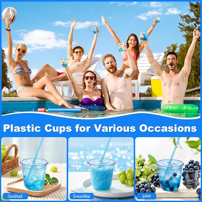 KesaPlan 50 Pack 12 oz Blue Plastic Party Cups with Lids & Straws, Disposable Iced Coffee Cup with Lids, Round Bottom Drinking Cups for Cocktail Cold Beverages Birthday Wedding Picnics Party Supplies