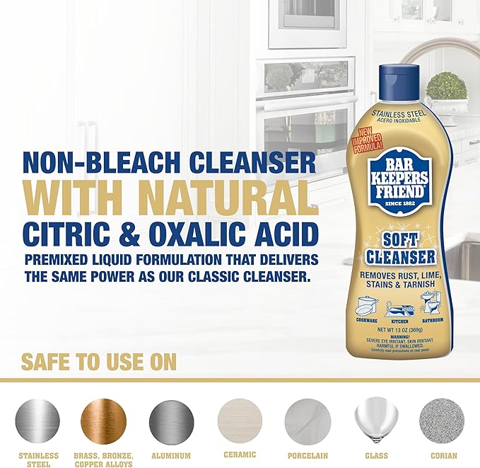 Bar Keepers Friend Soft Cleanser Liquid, 13 oz x 2, Multipurpose Surface Cleaner, Soap Scum & Grease from Stainless Steel & More