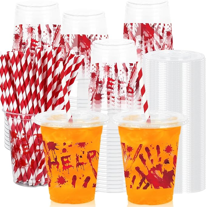 Whaline 50Pcs Halloween Disposable Plastic Cups with Lids & Straws 12oz Bloody Handprint Clear Cold Beverage Drinking Cups for Home Party Supplies