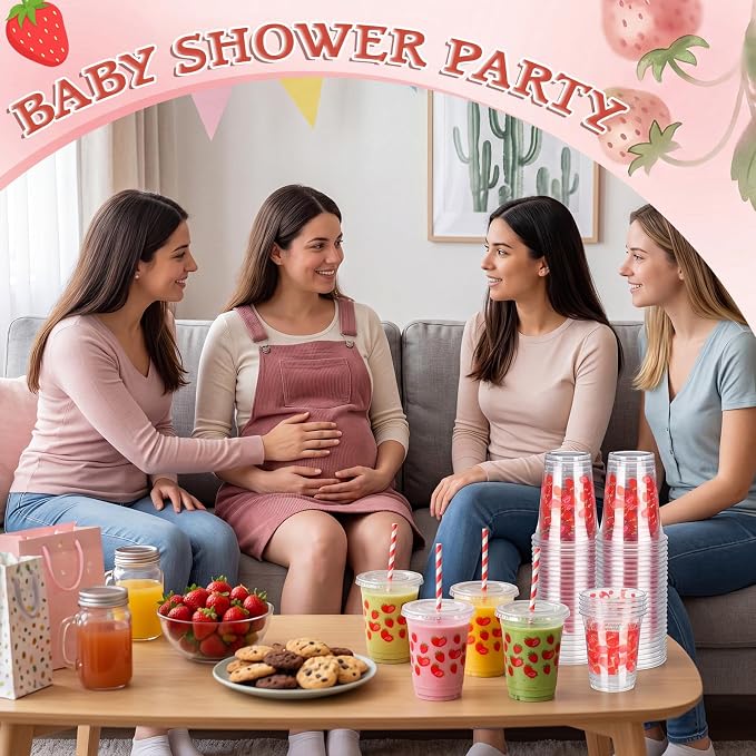 Domensi 25 Sets Strawberry Themed Plastic Cups with Lids and Paper Straws 12oz Red Disposable Drinking Cups Bulk for Cold Drinks Baby Shower Wedding Picnic Summer Theme Birthday Party Supplies