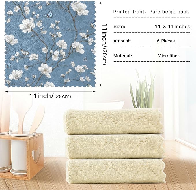 Blue Floral Butterfly Kitchen Towels Dish Cloths Set of 6 Microfiber Cleaning Cloths for Cars Super Absorbent Machine