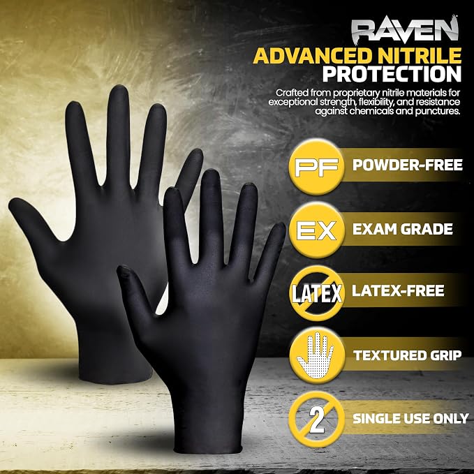 Raven Powder Free Nitrile Disposable Gloves | 7 Mil | Latex Free, Chemical + Puncture Resistant, Single Use |