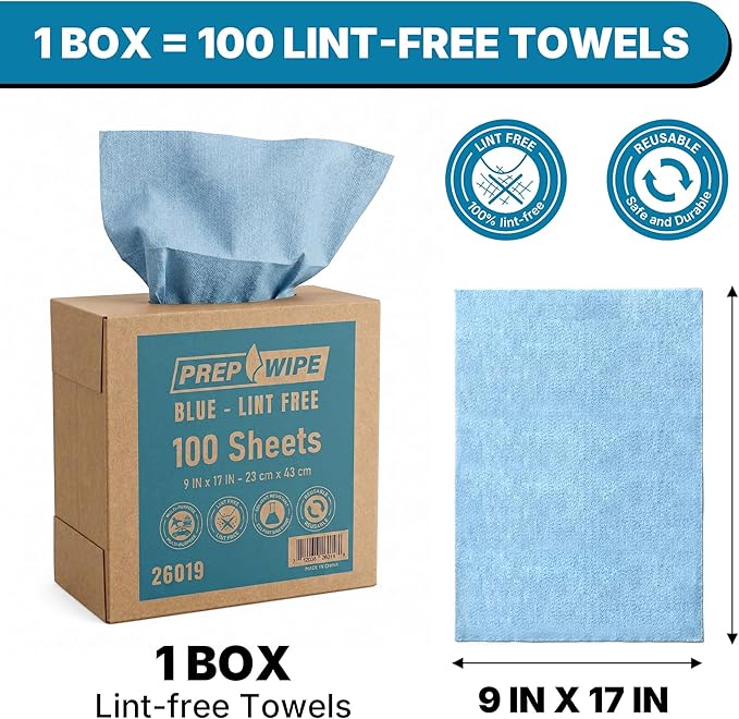 Lint-Free Cleaning Towels | Heavy Duty, Solvent Resistant Wipes for Auto Body & Industrial Prep | 100 Pack, 9" x 17", Blue 26019