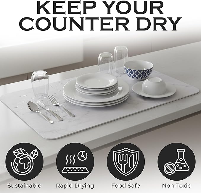 J.B Large Stone Drying Mat for Kitchen Counter - Quick Dry Stone Mat with Sink Caddy, Ultra Absorbent Dish Drying Stone for Kitchen Counter and Bathrooms, 16 x 12 Inch (Light Gray/White Marble Finish)