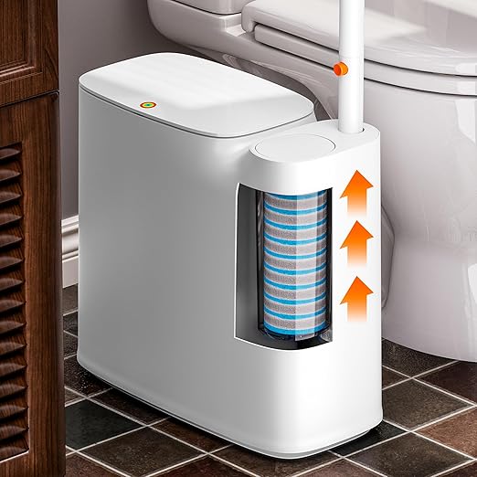 CTIME Bathroom Trash can Set, 2 Gallon White Small Trash Can with Lid, Disposable Toilet Brush, Storage Caddy and 12 Refills, Slim Garbage Can for Bathroom, RV