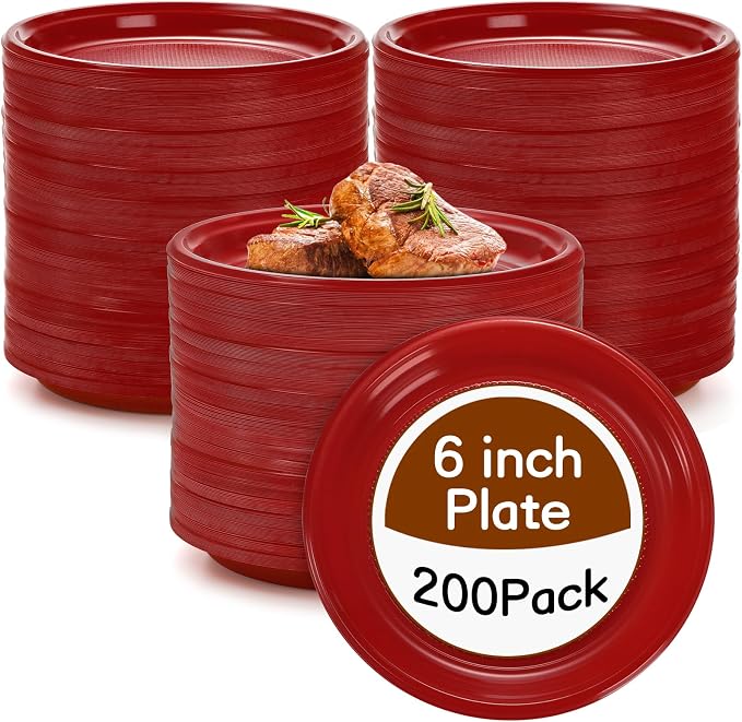 Coloch 200 Pieces 6 Inch Red Disposable Plates, Plastic Dessert Plates Bulk Round Party Plate Multi-Purpose Appetizer Plates for Cake, Dessert, Fruit, Barbecue, Party, Picnic, Wedding