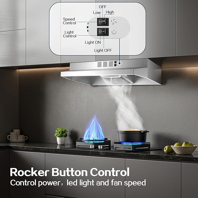 24 inch Range Hood Under Cabinet, Stainless Steel Kitchen Hood 280CFM, Ducted/Ductless Vent Hood with Rocker Button Control, Stove Hood with 2 Speeds Fan, Bright LED Light