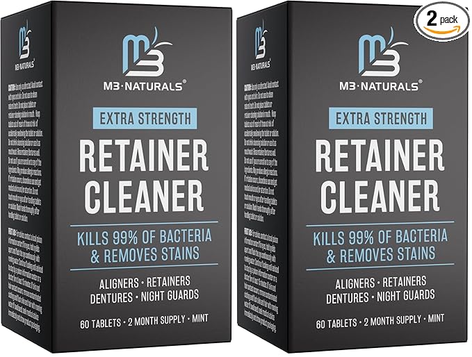 Retainer Cleanser Tablets Cleaner, Removes Odors Discoloration Stains and Plaque 2 Month Supply Denture Cleansers Retainers Mouth Guards Denture Bath Mint by M3 Naturals (Pack of 2)