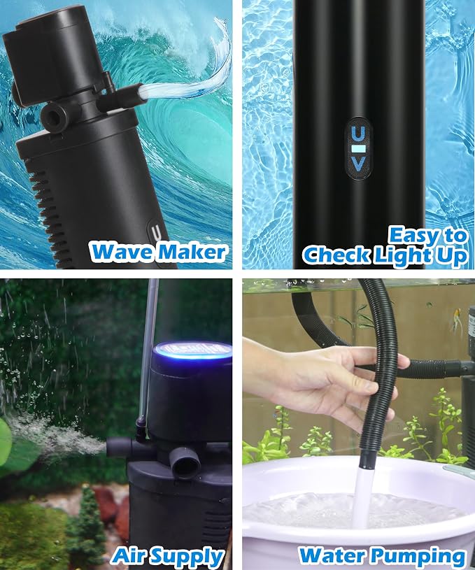 COOSPIDER Aquarium Filter with 6W U-V Light 158GPH for 10-45 Gallon Tank | Small Internal Fish Tank Filter with 8W Water Pump for Green Clean, Turtle Tank, Oxygen Supply, Deodorization, Water Cycle