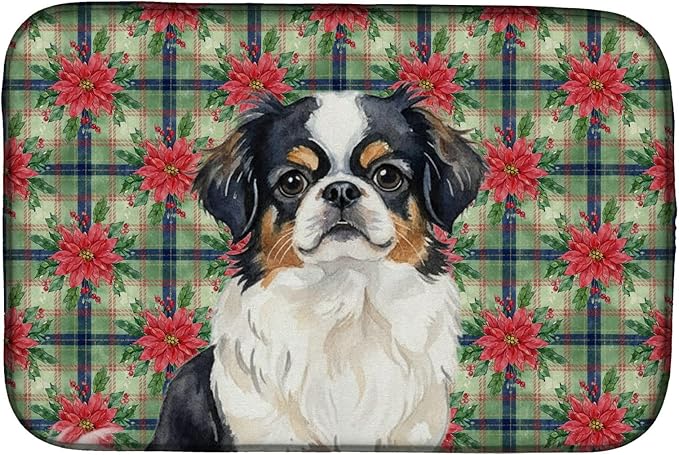 Caroline's Treasures Tricolor Japanese Chin Christmas PoinsettIas Dish Drying Mat Absorbent Dish Drying Mat Pad for Kitchen Counter Dish Drainer Mat for Countertop, 14 x 21", Multicolor