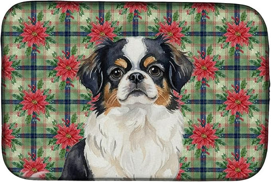 Caroline's Treasures Tricolor Japanese Chin Christmas PoinsettIas Dish Drying Mat Absorbent Dish Drying Mat Pad for Kitchen Counter Dish Drainer Mat for Countertop, 14 x 21", Multicolor