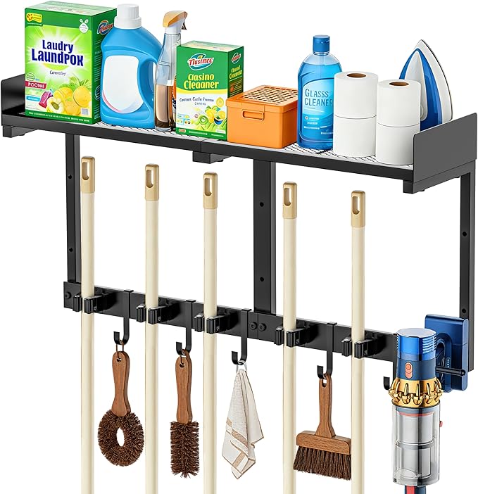 HUFAND Broom Holder Wall Mount, 27" Large Mop and Broom Organizer Wall Hanging with Top Storage Shelf & Vacuum Hook, Heavy Duty Iron Utility Rack for Laundry Room, Garage, Kitchen, Garden - Black